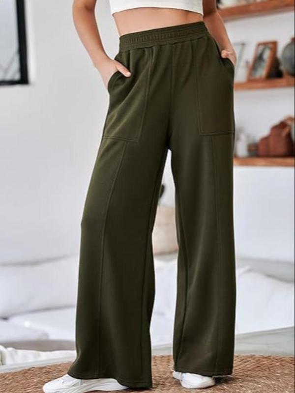 Women's Solid Pocket Elastic Waist Straight Leg Pants, Casual Comfy Trousers for Fall & Winter, Women's Bottoms for Daily Wear